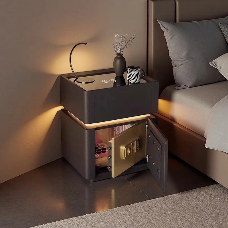 Smart Nightstand with LED Light Wireless Charging Safe or 2 Drawers – Modern Bedside Table Tempered Glass Top No Assembly