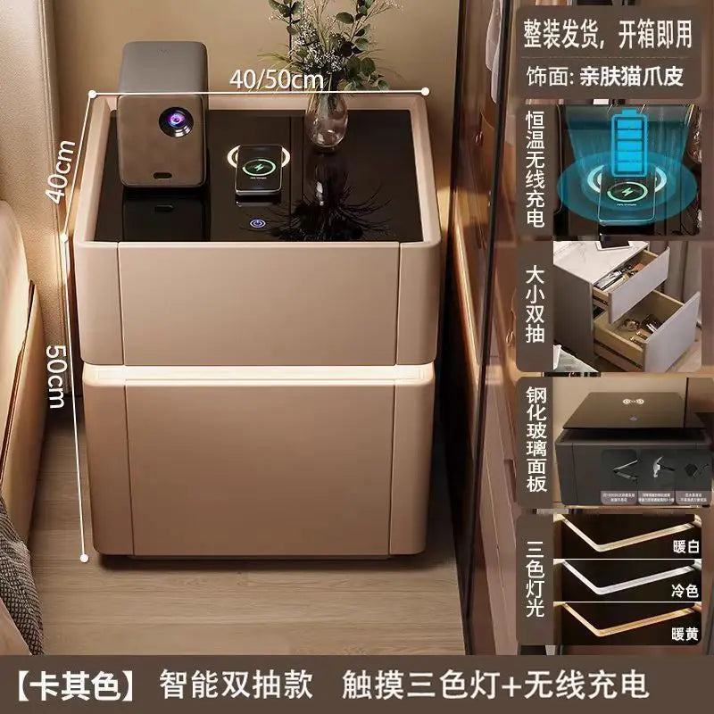 Smart Nightstand with LED Light Wireless Charging Safe or 2 Drawers – Modern Bedside Table Tempered Glass Top No Assembly