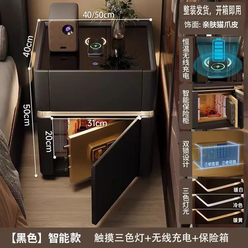 Smart Nightstand with LED Light Wireless Charging Safe or 2 Drawers – Modern Bedside Table Tempered Glass Top No Assembly